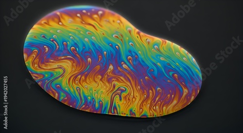 Vibrant colorful soap bubble on dark background, swirling rainbow hues, shining iridescent surface