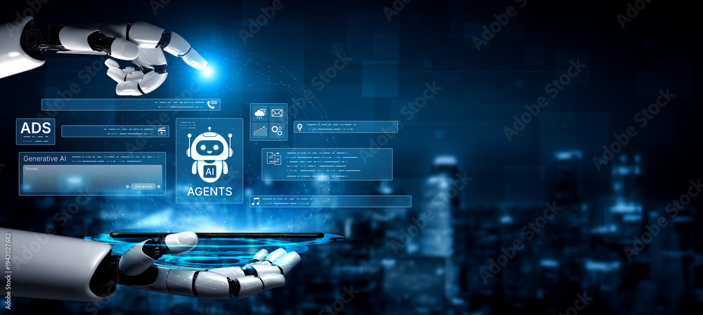 Fototapeta premium AI agents orchestrate advertising campaigns with generative content, analytics and messaging. Use AI agents to automate ads, manage prompts, and coordinate email, calls and media workflows. Corpus