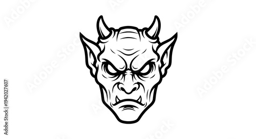 menacing demon face with sharp horns and teeth