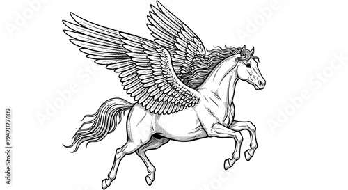 galloping pegasus line drawing with spread wings