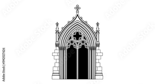 ornate gothic stone archway with cross and windows