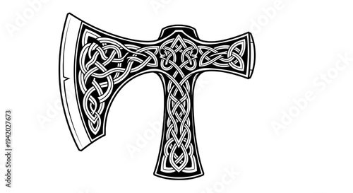 black white line drawing celtic knotwork axe viking style