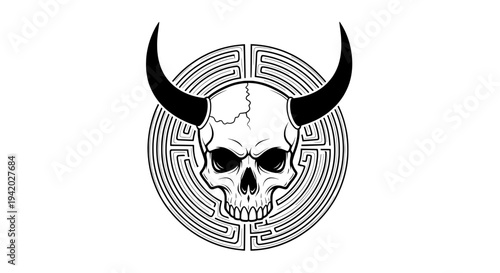 horned skull surrounded by intricate circular maze