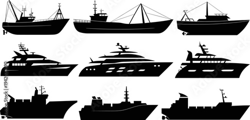 Collection of various sea vessels and boat silhouettes, including luxury yachts, fishing trawlers, and motor ships isolated on a clean white background for design.