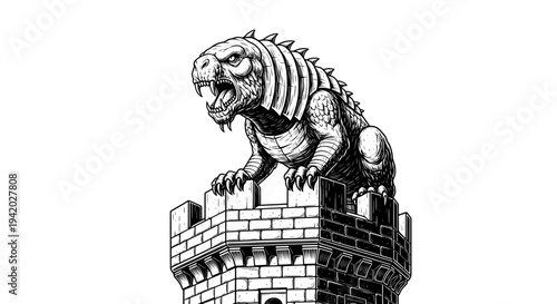Angry dragon perched on ancient castle tower roaring