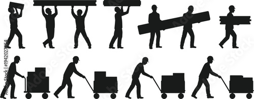 Collection of warehouse workers and construction staff silhouettes carrying heavy wooden planks and pushing cargo carts, isolated on white background, black vector illustration set.