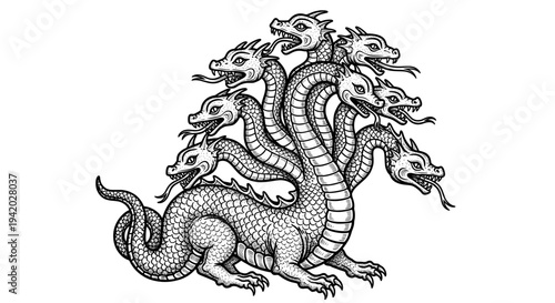 black white line drawing six dragons pyramid formation