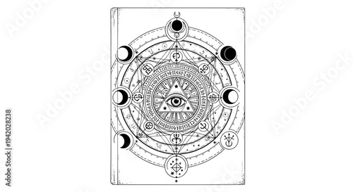 intricate black and white mandala with all seeing eye