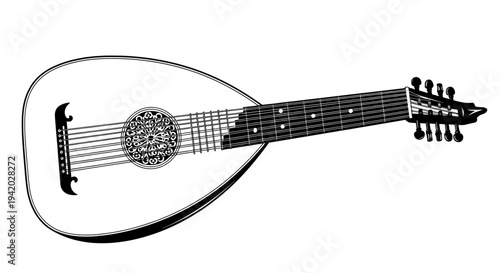 black and white side view mandolin with six strings