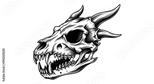 horned skull sketch with sharp teeth and bold shading