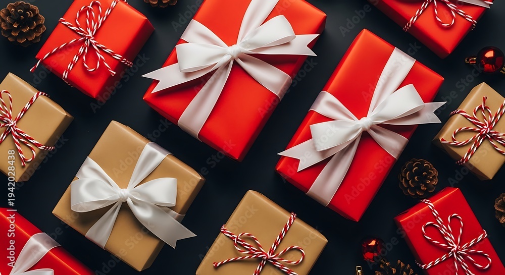 Obraz premium Wrapped Christmas presents with ribbons and bows on dark surface with pinecones