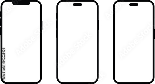 Collection of black smartphone mockups displaying blank white screens and different notch designs