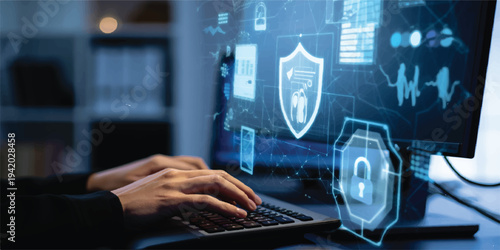 Digital network security, cybersecurity concepts with icons on computer screen and user typing, data protection, user interface, web development