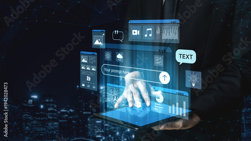 Photos Prompt driven AI interface enabling text, image vision, audio and media video data neural asset and tool in smart creation chat workspace edit