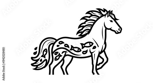 minimalist line drawing of a patterned standing horse