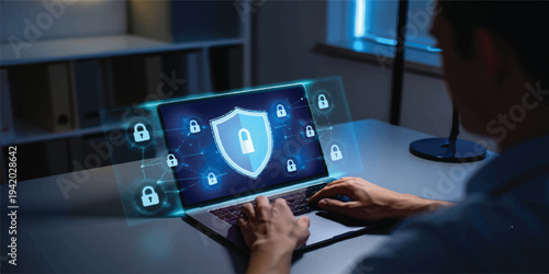 User interacting with digital security interface featuring shield and lock icons on laptop with lock icon with data protection with cyber attack