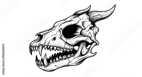 menacing horned dog skull sketch with sharp teeth
