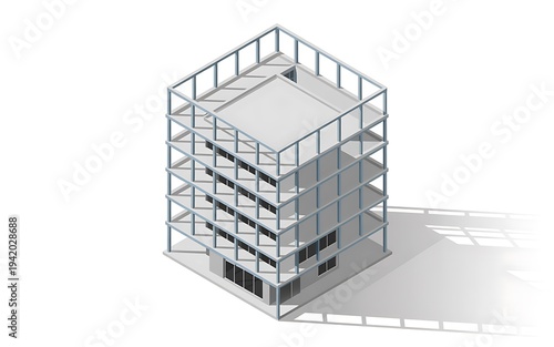 Isometric 3d render of a modern residential building design featuring a cubic architecture structure for a housing estate project concept