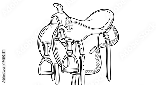 black and white line drawing of an ornate horse saddle