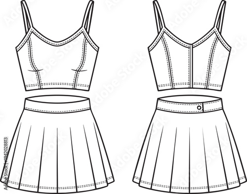 Technical drawing illustration of a crop top and pleated mini skirt set.