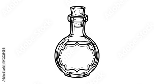 ornate black and white line drawing of a scalloped glass bottle