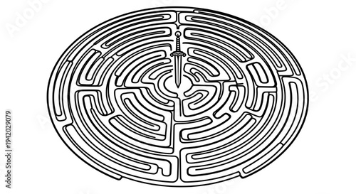 intricate circular maze with central reaching figure