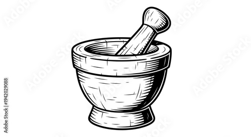 minimalist black and white mortar pestle line drawing