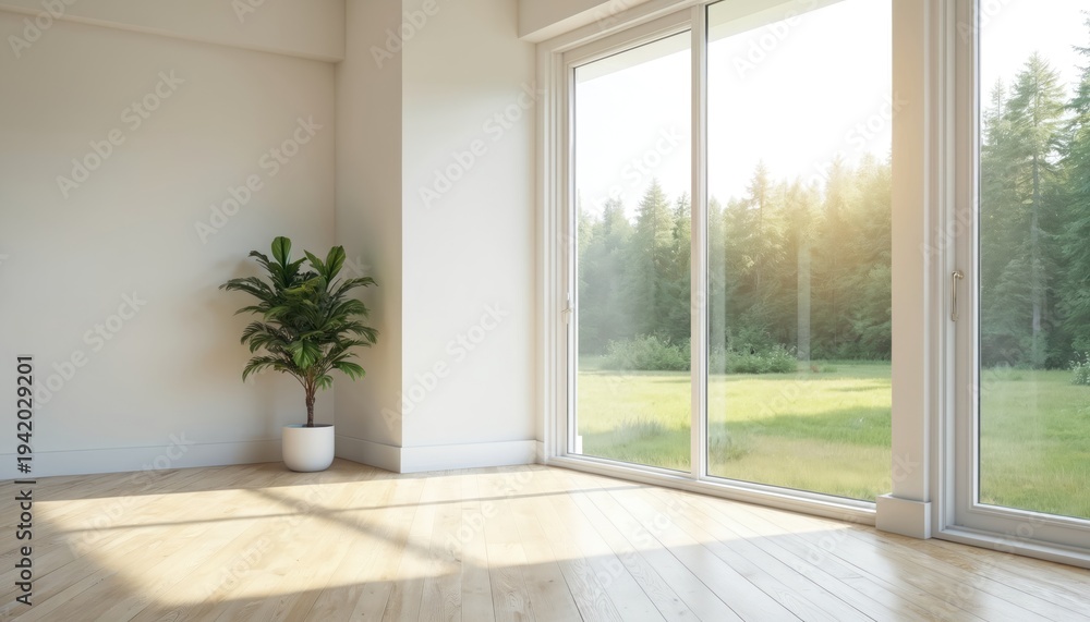 Fototapeta premium Modern empty room with large window overlooks green forest. Bright interior with light wood floor and green potted plant. Minimalist space for home office or apartment living.