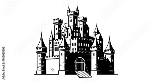 black and white line drawing of medieval castle with towers