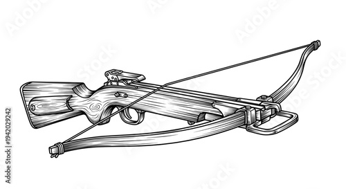 detailed black and white crossbow sketch with arrows