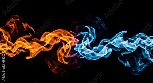 Abstract smoke art, orange and blue meeting on black. Fluid, dynamic, artistic