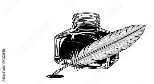 ink bottle with feather quill pen spilling black liquid