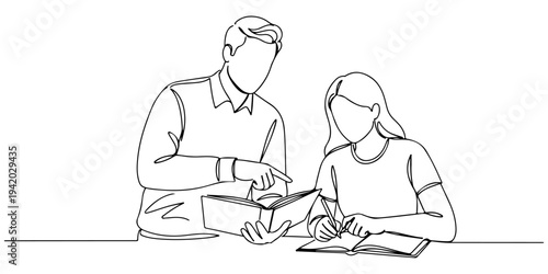 Continuous one line of a mentor guides students one-on-one, describing tutoring as personal and supportive, drawn illustration.