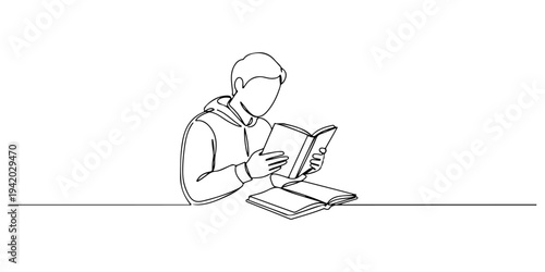 Continuous one line of a Student reading material in the library quietly, depicting independent, peaceful and focused learning, drawn illustration.