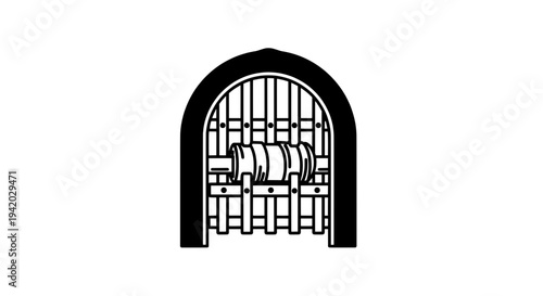 black and white line drawing of metal gate with wine barrel