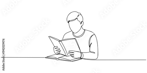 Continuous one line of a Student reading material in the library quietly, depicting independent, peaceful and focused learning, drawn illustration.