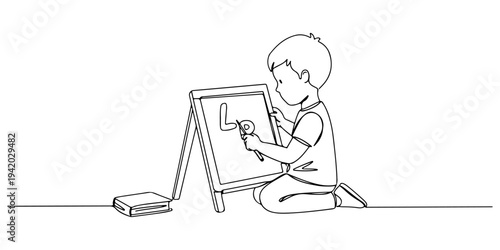 Continuous one line of a Child learn to recognize letters with an alphabet board, depicting early, funny and basic education, drawn illustration.