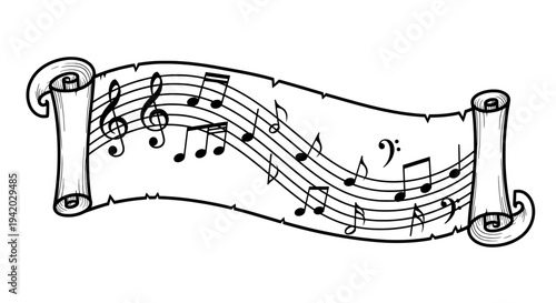 hand drawn musical scroll with treble clef notes