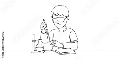 Continuous one line of a child learning science with simple laboratory experiments, depicting science learning, interactive and fun, drawn illustration.
