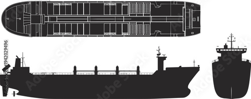 Detailed silhouette set of a commercial cargo ship, featuring top, side, and front views, isolated on a white background for maritime and logistics design projects.