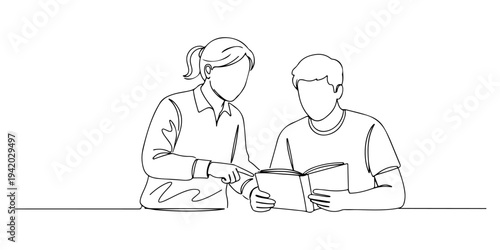 Continuous one line of a two students discussing while pointing at textbooks, depicting group, collaborative and communicative learning, drawn illustration.