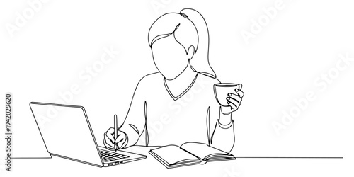 Continuous one line of a person taking notes on a laptop while holding a cup of tea, depicting relaxed and productive home study, drawn illustration.