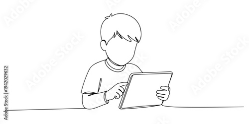 Continuous one line of a Children learning through educational tablet games, depicting digital interactive learning, immersive and fun, drawn illustration.