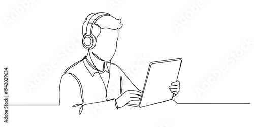 Continuous one line of a student with headphones learning through educational podcasts, depicting modern, flexible and innovative audio learning, drawn illustration.