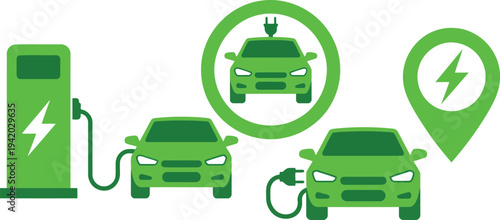 Collection of green electric vehicle charging icons featuring cars and a power station on white