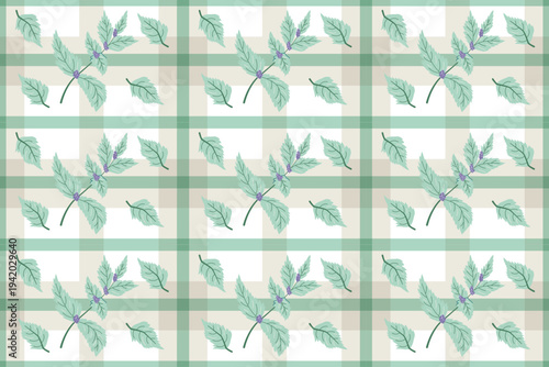 Seamless pattern with fresh mint leaves on a green checkered background