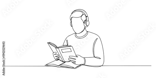 Continuous one line of an adult learning foreign languages ​​through books and headphones, depicting multilingual, ambitious and global learning, drawn illustration.