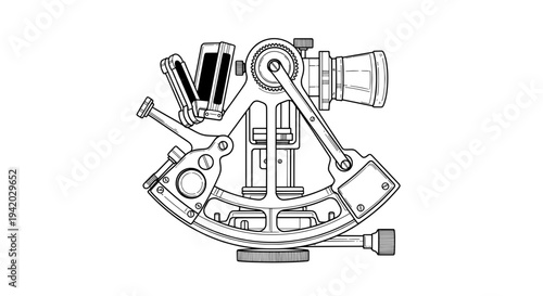black and white technical drawing of telescope with tools
