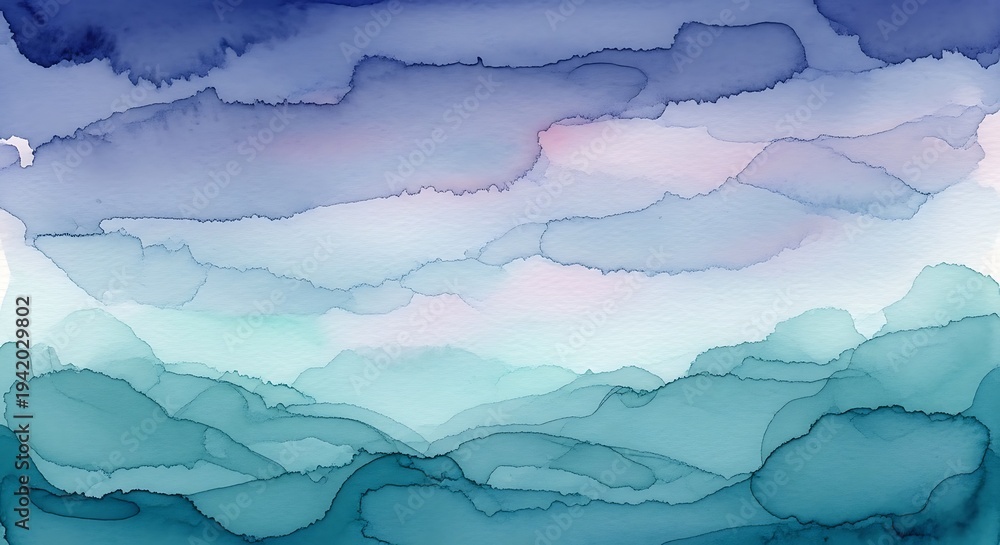 Obraz premium Abstract watercolor artwork depicting layers of misty mountains in shades of blue and teal