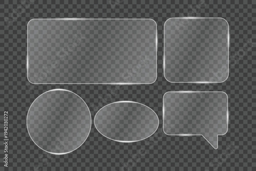 Glass speech bubble set with transparent chat boxes and glossy message frames